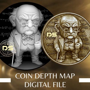 Op de afbeelding: Een digitaal bestand met een 3D-weergave van een streng kijkende man met een bril en een vlinderdas, die een wandelstok vasthoudt. De afbeelding bevat wiskundige vergelijkingen en de tekst "COIN DEPTH MAP DIGITAL FILE".