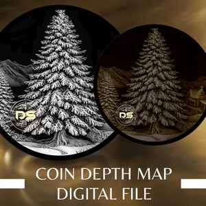 Arbre de Noël | Carte de la profondeur des pièces de monnaie gravée « 3D » en niveaux de gris | PNG | Résolution optimisée | Pour le mode tranche Lightburn 3D