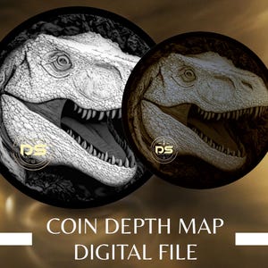 Cabeza de T-Rex / Mapa de profundidad de moneda en escala de grises con grabado profundo "3D" / PNG / Resolución optimizada / Para modo de corte 3D Lightburn