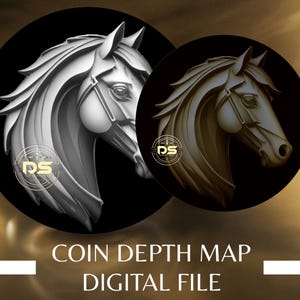 Puede incluir: Un archivo digital para un mapa de profundidad 3D de una cabeza de caballo. La imagen muestra dos versiones del mapa, una en blanco y otra en dorado, ambas sobre un fondo negro.