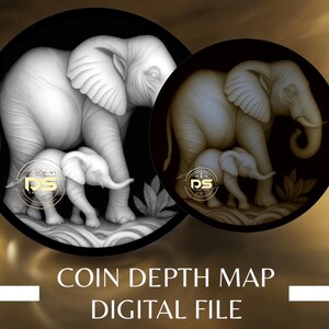 Olifanten | '3D' diepgegraveerde grijswaarden muntdieptekaart | PNG | Geoptimaliseerde resolutie | Voor Lightburn 3D Slice-modus