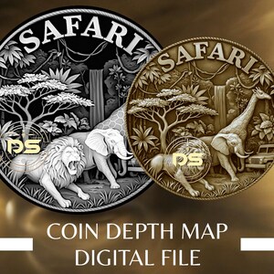 Può includere: Due disegni dettagliati di monete a tema safari. Una moneta è in bianco e nero, l'altra in bronzo. Ogni moneta presenta un leone, un elefante e una giraffa in un ambiente della giungla. La parola "SAFARI" è in cima a ogni moneta.