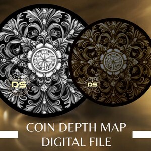 May include: Two black and white circular depth maps with intricate floral designs. The depth maps are used for 3D modelling and are available as a digital file.