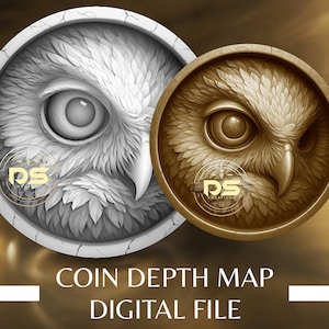 Puede incluir: Dos ilustraciones circulares de la cara de un búho, una en escala de grises y la otra en tonos sepia. Los ojos del búho están detallados, y la imagen incluye el texto "COIN DEPTH MAP DIGITAL FILE". Las ilustraciones tienen una apariencia texturizada.