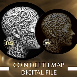 Puede incluir: Dos imágenes circulares en blanco y negro de una cabeza humana con un patrón detallado, intrincado y en forma de telaraña que cubre la cara. El texto "COIN DEPTH MAP DIGITAL FILE" está debajo de las imágenes.