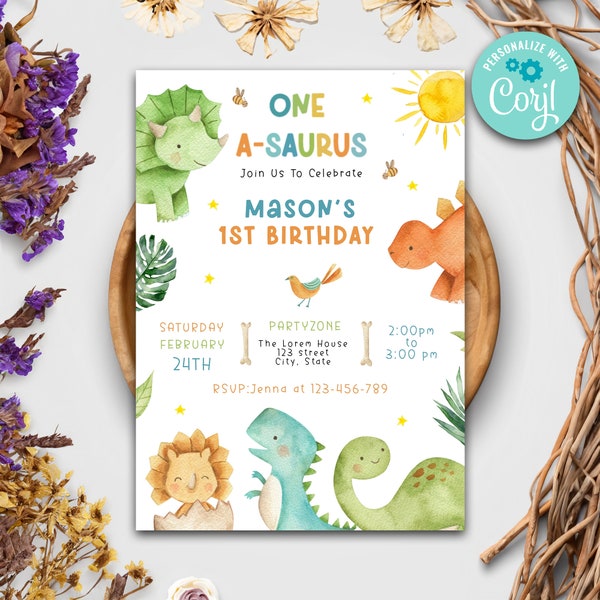 EDITABLE Dinosaur 1st Birthday Invitation, Dino Birthday Party Invitation Template,  Baby's First Birthday Party - Instant Download - A002