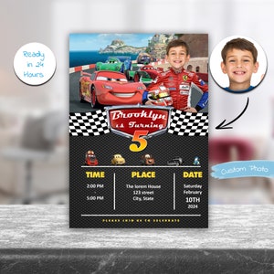 Aangepaste uitnodiging rode raceauto met foto – gepersonaliseerde verjaardagskaart – afdrukbare race-uitnodiging voor jongens – snelle levering pdf