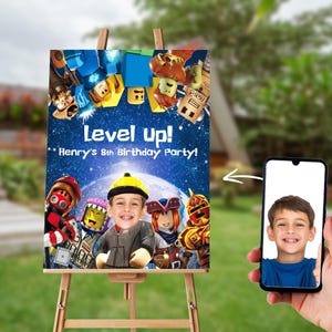 Póster de cumpleaños personalizado de Block Hero, letrero de bienvenida imprimible de Brick World, fondo fotográfico personalizado para fiesta, descarga digital para niños