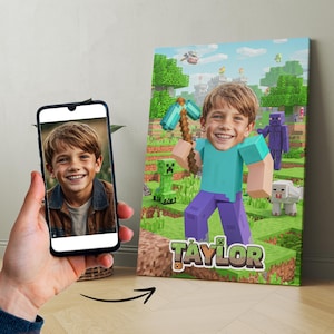 Retrato de mundo de bloques personalizado – Póster de jugador de píxeles personalizado – Mapa de aventuras imprimible – Regalo de cumpleaños digital para niños o niñas