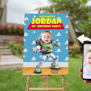 Placa de boas-vindas personalizada do Buzz Lightyear, pôster de aniversário do Buzz, placa de festa para impressão, arte de parede infantil personalizada, download digital