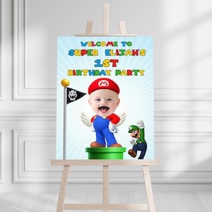 Panneau de bienvenue personnalisé avec casquette rouge, affiche d'anniversaire pixel imprimable, plateau de jeu inspiré du jeu, fichier numérique personnalisé