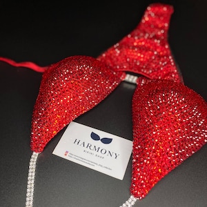 Puede incluir: Bikini rojo con adornos de cristal. La parte superior del bikini es de estilo halter y la parte inferior es de corte atrevido. El bikini está sobre un fondo negro con una tarjeta blanca que dice "Harmony Bikini Shop" y una dirección de sitio web.