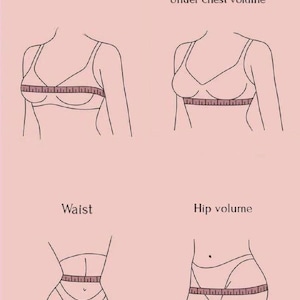 May include: Diagram showing how to measure chest, under chest, waist, and hip volume. A tape measure is used to measure each area.