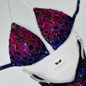 Puede incluir: Un bikini de lentejuelas morado y rosa con una tira negra y adornos plateados. El bikini es de la tienda Harmony Bikini Shop.