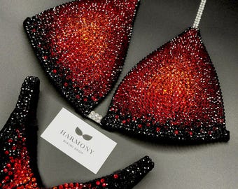 Red Black Crystal Bikini,Figure Bikini, Bikini Suit, Competition Bikini, Wellness Competition Bikini, NPC, IFBB, Posing Competition,