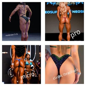 May include: Four women wearing different styles of competition bikini bottoms. The bottoms are labeled "moderate", "pro", "micro", and "classic (brazilian)".