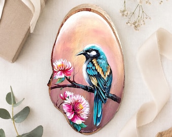 Tropical Bird Wood Slice Painting, Original Botanical Wall Art, Hand Painted Rustic Decor, Nature Lover Gift, Floral Bird Art