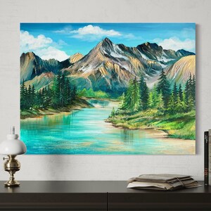 May include: A painting of a mountain lake scene with a turquoise blue lake, green trees, and snow-capped mountains in the background.