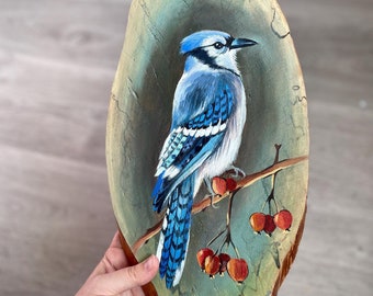 Blue Jay bird on a branch with Berries, hand-painted Acrylic Painting on Wood Slice