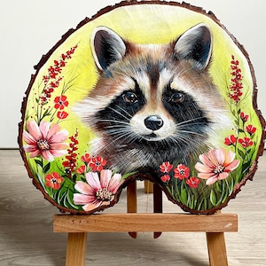 Charming Raccoon Portrait in Flowers on Rustic Wood Slice, Handmade Spring Acrylic Painting, Original Painting on Wood, Holiday Gift Decor
