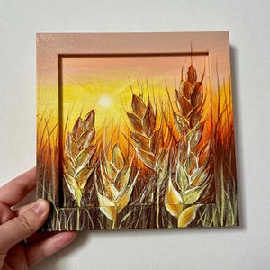 Peinture acrylique encadrée coucher de soleil sur le champ de blé, petit art sculptural original d'empâtements, art mural 3d texturé fait main d'empâtements, épis de blé