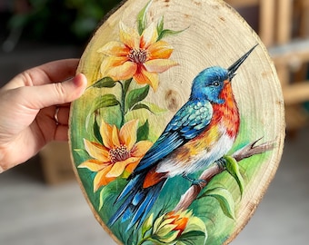 Hummingbird Wood Slice Painting, Original Bird Wall Art, Botanical Rustic Decor, Nature Lover Gift, Acrylic Artwork on Wood