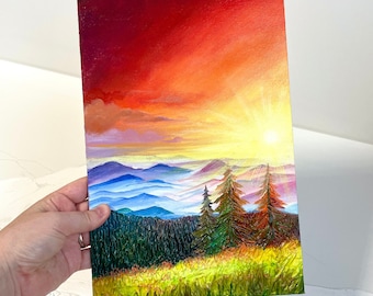 Original Impasto Acrylic Painting: Carpathian Mountain Sunset Art