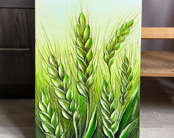 Green Ears of Wheat, Original Acrylic Painting, 3D Impasto Summer Wheat Field,Texture Painting,Sculptural Handmade Art, Home Decor, Wall Art