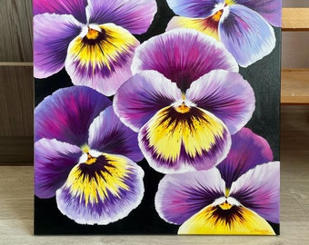 Pintura acrílica original, flores de pensamiento púrpura, flores de viola, pintura floral, arte mural en lienzo hecho a mano, regalo de arte botánico, decoración de pared única.