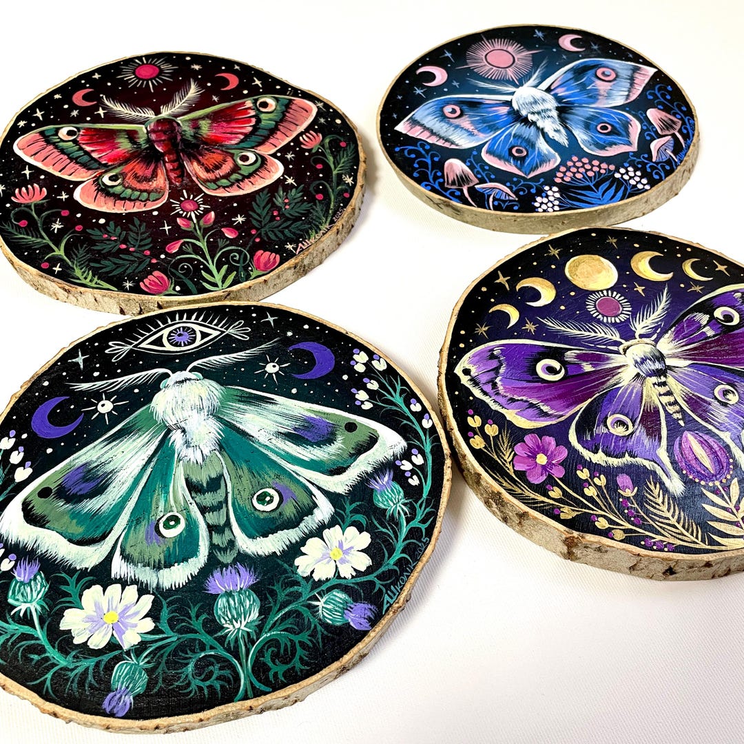 Mystic Moth Wood Slice Art Set, Witchy Wall Decor, Hand Painted Acrylic ...