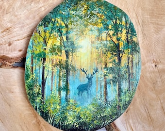 Hand-Painted Forest Scene Wood Slice: Deer in Fog Acrylic Art
