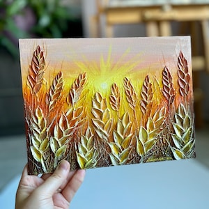 Peinture acrylique faite main au coucher du soleil sur un champ de blé avec texture 3D, petit art sculptural original d'empâtements, décoration murale unique, oeuvre d'art murale encadrée