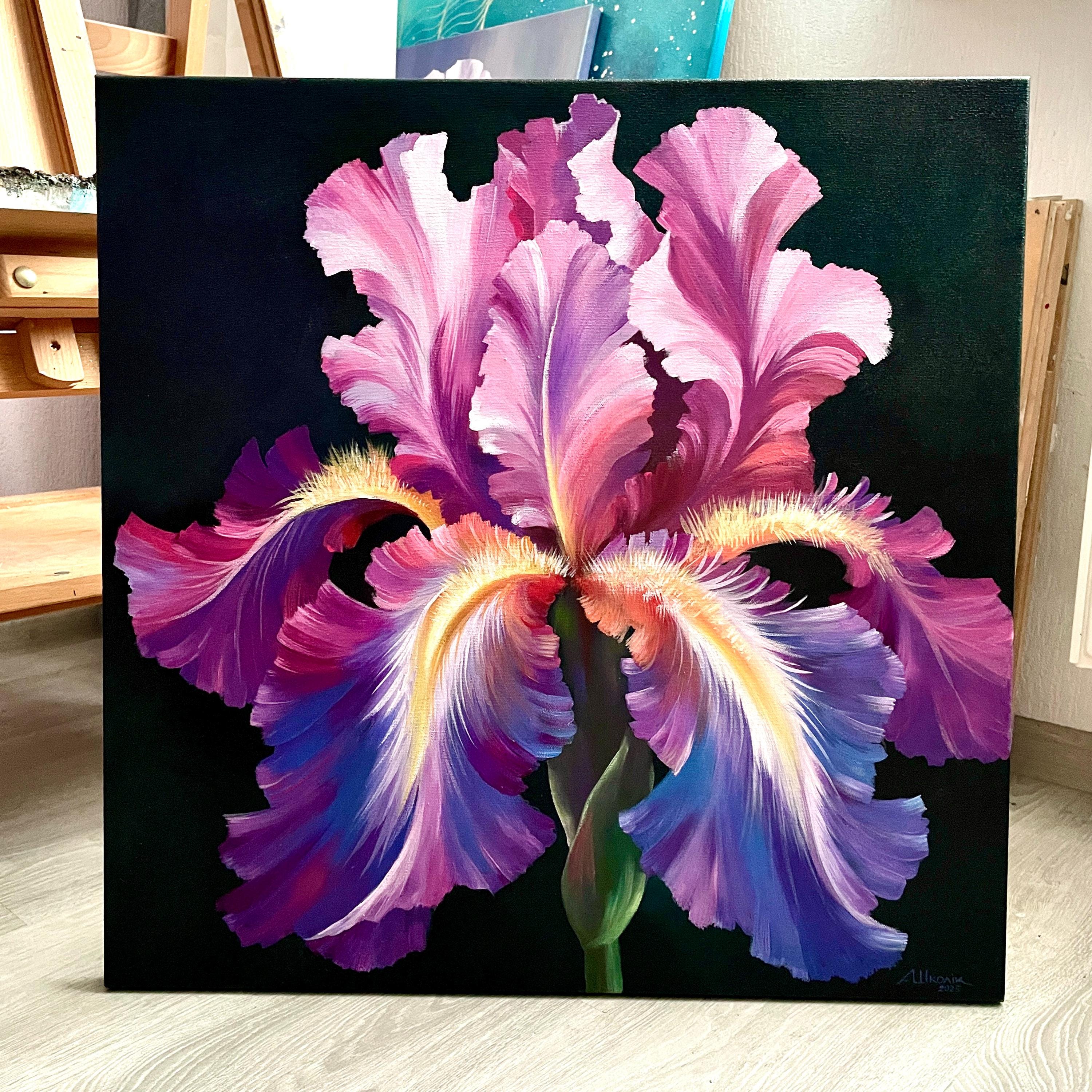 Colored Iris on a Black Background,Realistic Iris Acrylic Painting,Original hyperrealistic botanical art,Macrobotany,Handmade wall decor