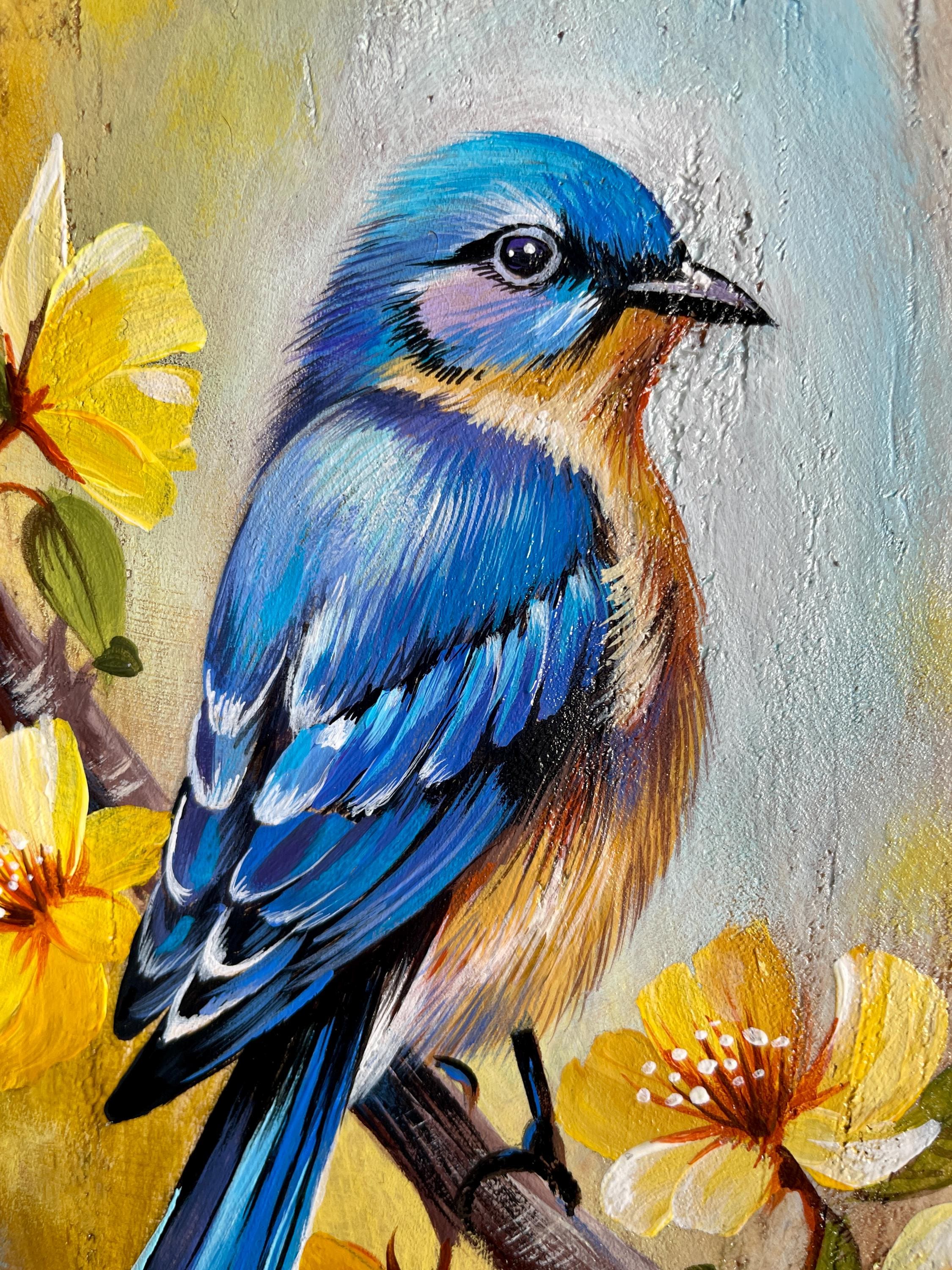 Blue Bird Acrylic Painting on Rustic Wood Slice: Handmade Wall