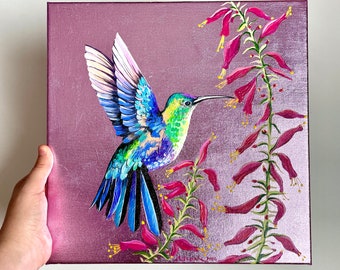 Colorful Hummingbird Acrylic Painting on Pink Metal Leaf, Unique Bird Wall Art,Bird Portrait Art,ORIGINAL Painting on Canvas,floral wall art