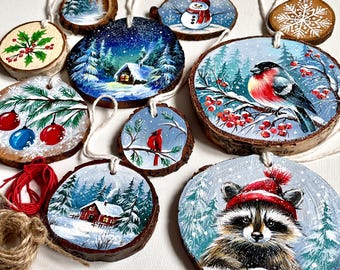 Hand Painted Christmas Ornaments Set (10 pieces) - Original Acrylic Painting on Wood Slice, Winter Holiday Decor, Rustic Tree Decorations
