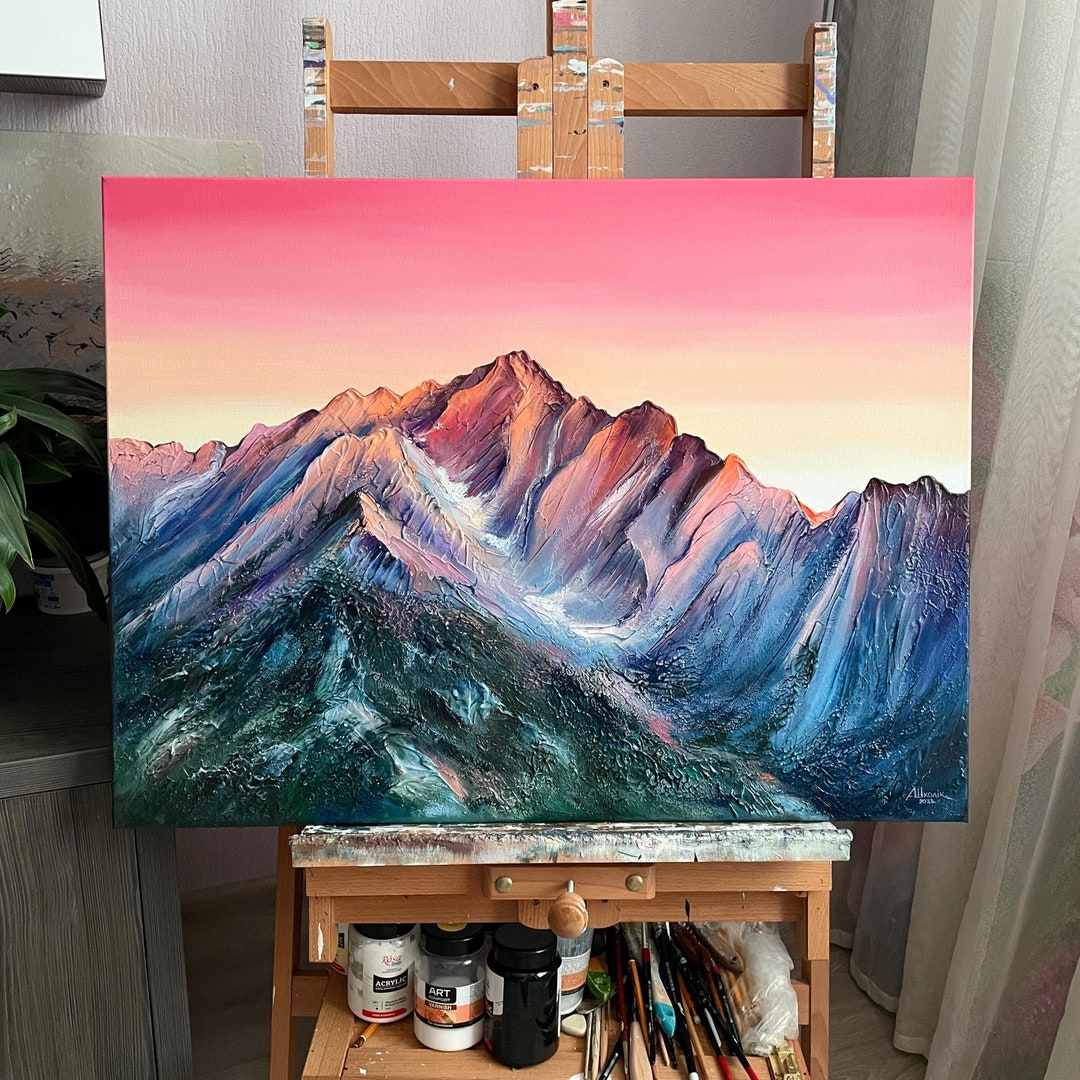 Original Painting, Pink Sunset in the Mountains , Handmade, 3d, Impasto ...