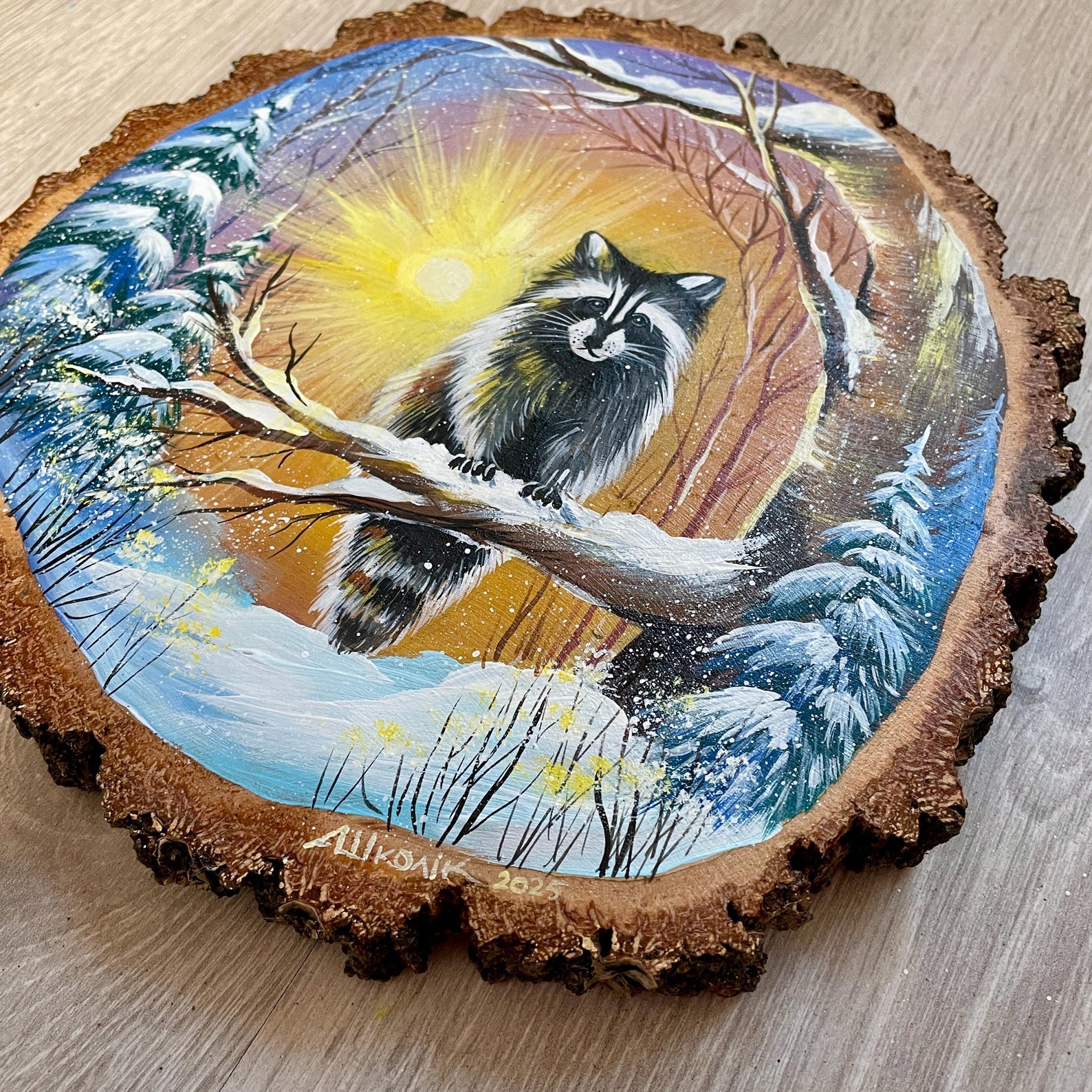 Rustic Raccoon Rustic Winter Raccoon Portrait: Handmade Acrylic Painting on Wood Slice ...
