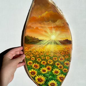 Sunflower Sunset Wood Slice Painting: Handmade Acrylic Landscape Art