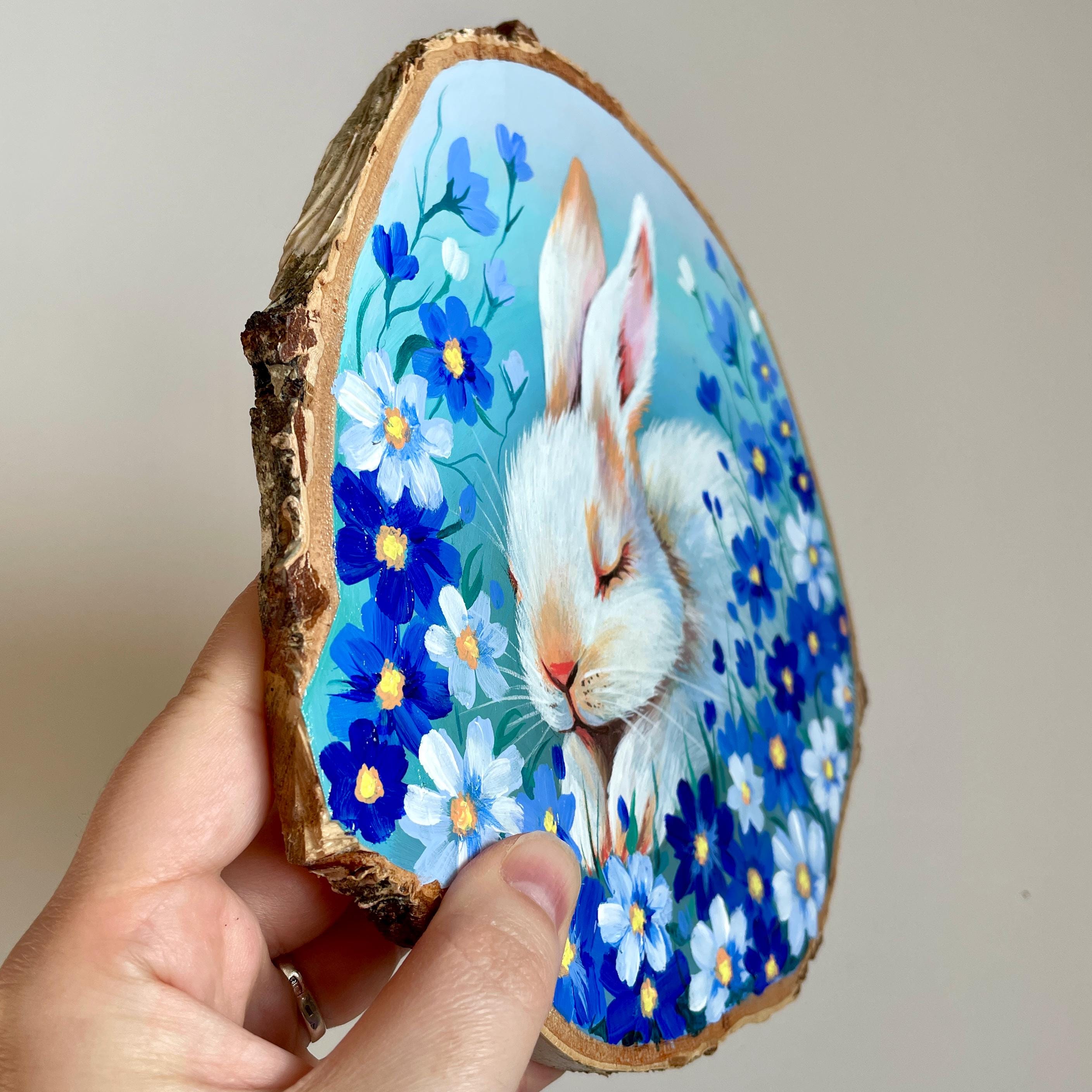 Rabbit in Blue Flowers on Wood Slice, Original Acrylic Painting, Rustic ...