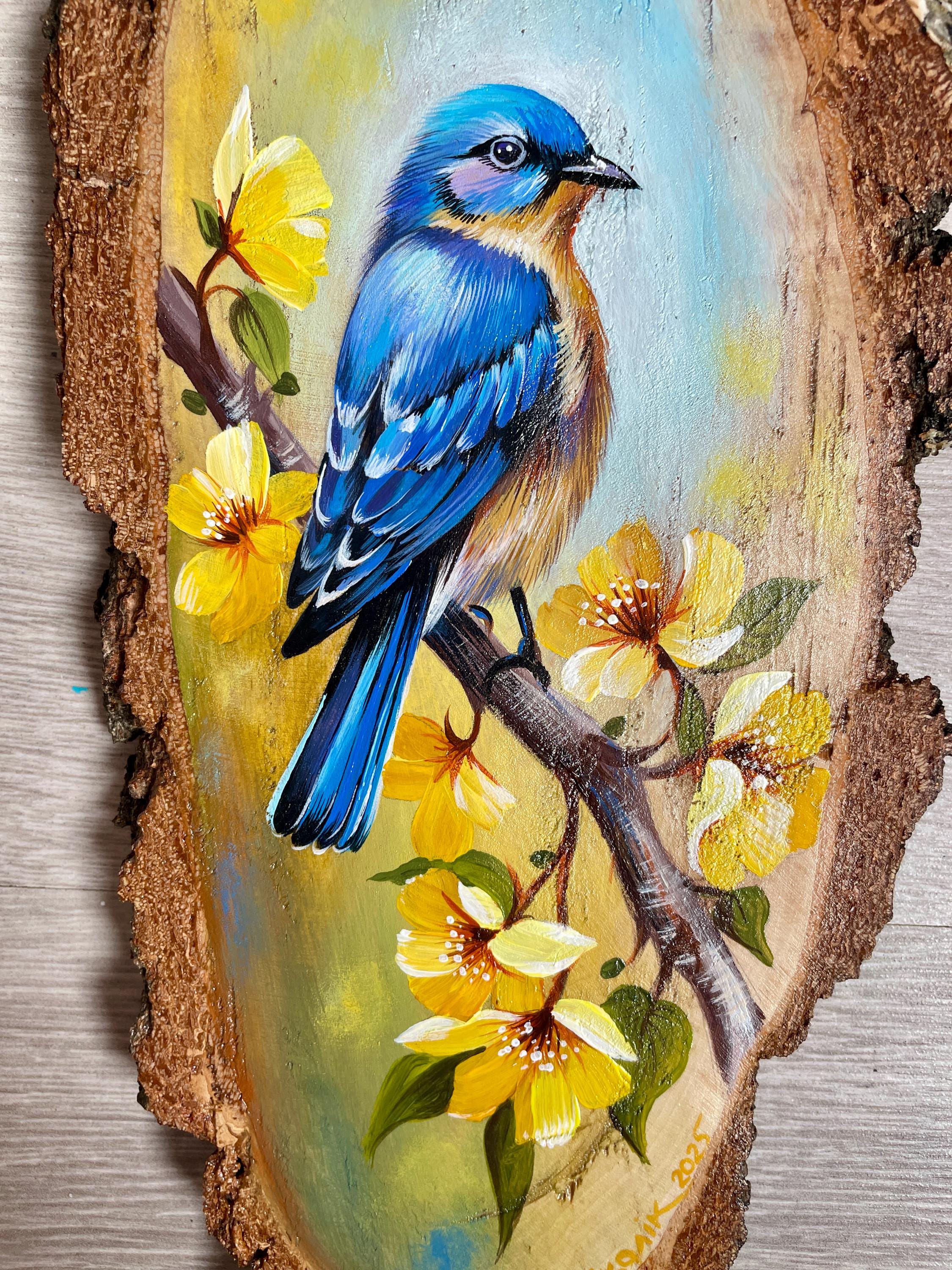 ［bluebird］絵画　油絵　※値段交渉あり Blue Bird Acrylic Painting on Rustic Wood Slice: Handmade Wall