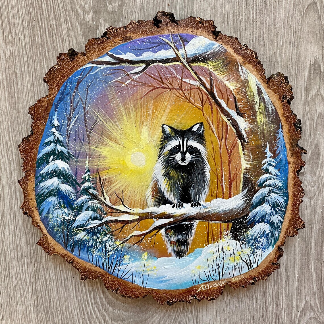 Rustic Raccoon Rustic Winter Raccoon Portrait: Handmade Acrylic Painting on Wood Slice ...