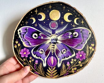 Mystic Moth Wood Slice Art: Gothic Victorian Celestial Decor, Handmade Acrylic Painting