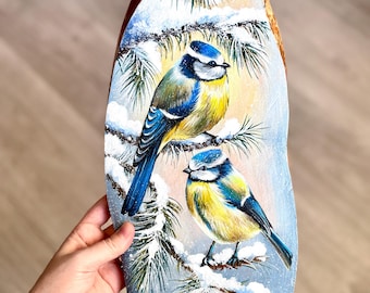 Original Acrylic Bird Painting on Wood Slice: Rustic Christmas Decor