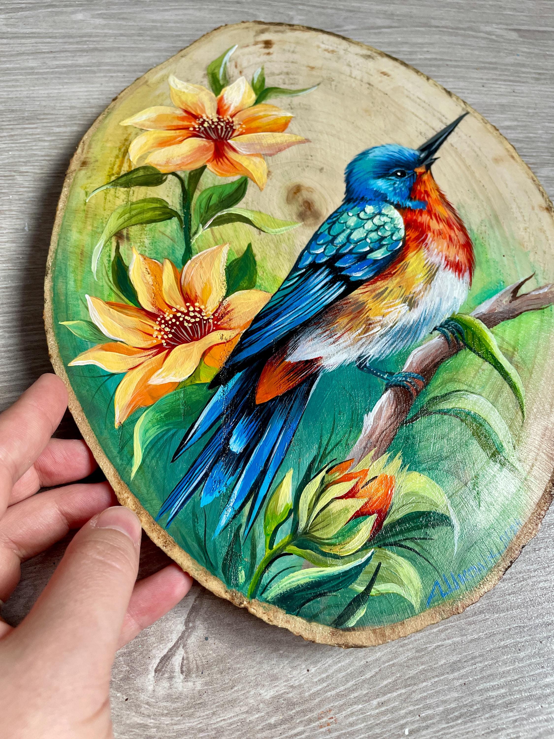 Hummingbird Wood Slice Painting, Original Bird Wall Art, Botanical ...