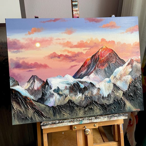 絵画 Mountain Landscape Original Everest Painting: 3D Impasto Acrylic Mountain Landscape