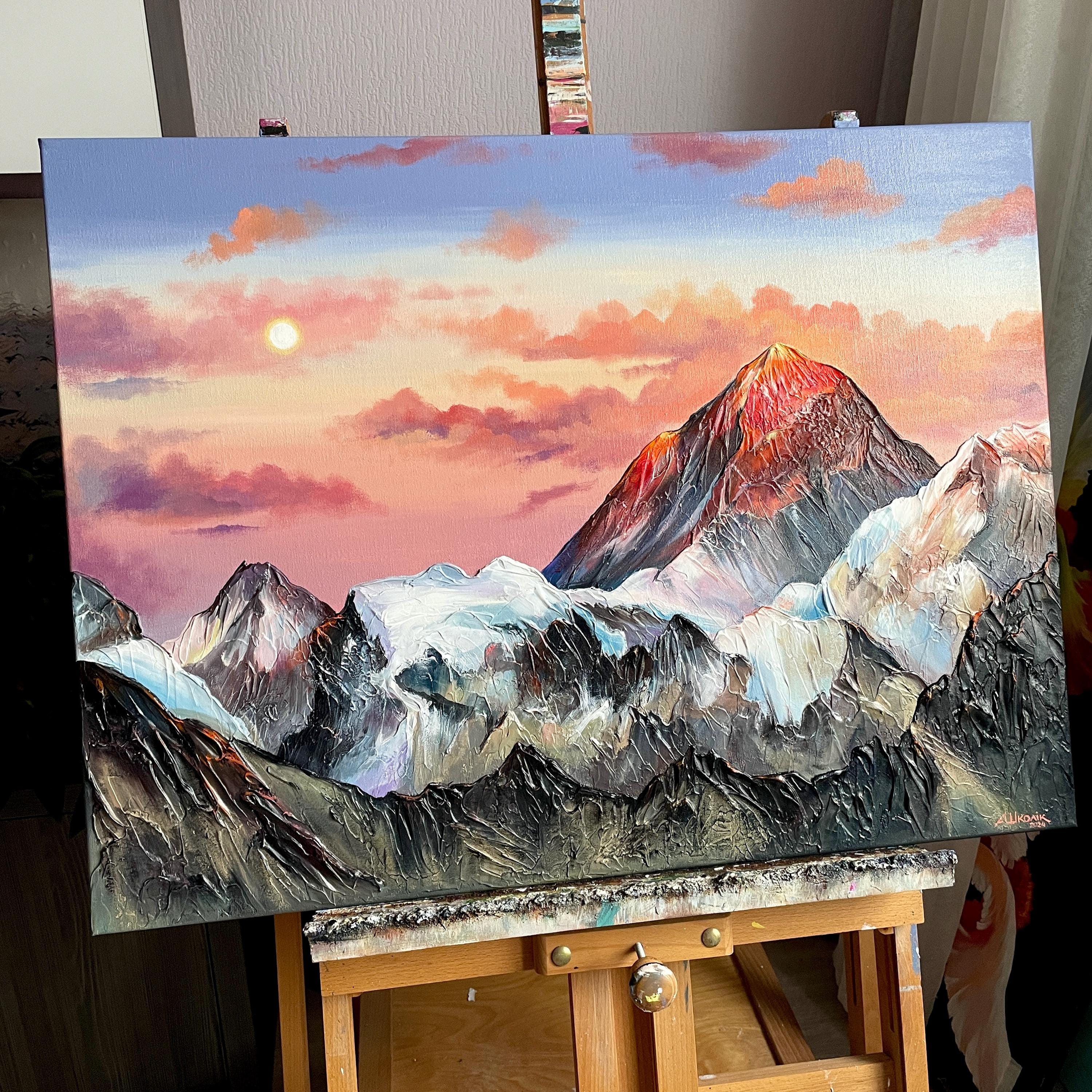絵画 Acrylic painting A3 Original Everest Painting: 3D Impasto Acrylic Mountain Landscape