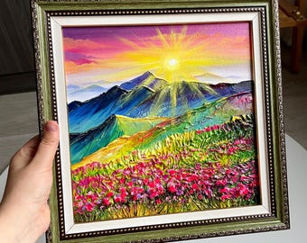 Framed Ukrainian Carpathians Mountain Landscape with Chervona Ruta Flowers -Acrylic painting,3d Impasto Textured Art, Handmade work,Wall art