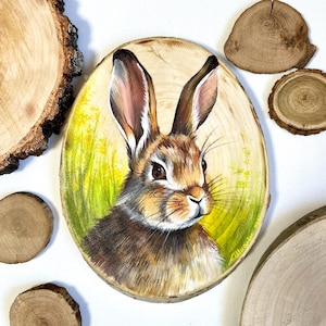 Hand-Painted Bunny Portrait on Natural Wood Slice, Original Acrylic Painting, Rabbit Art, Rustic Woodland Home Decor, Forest Animal Wall Art