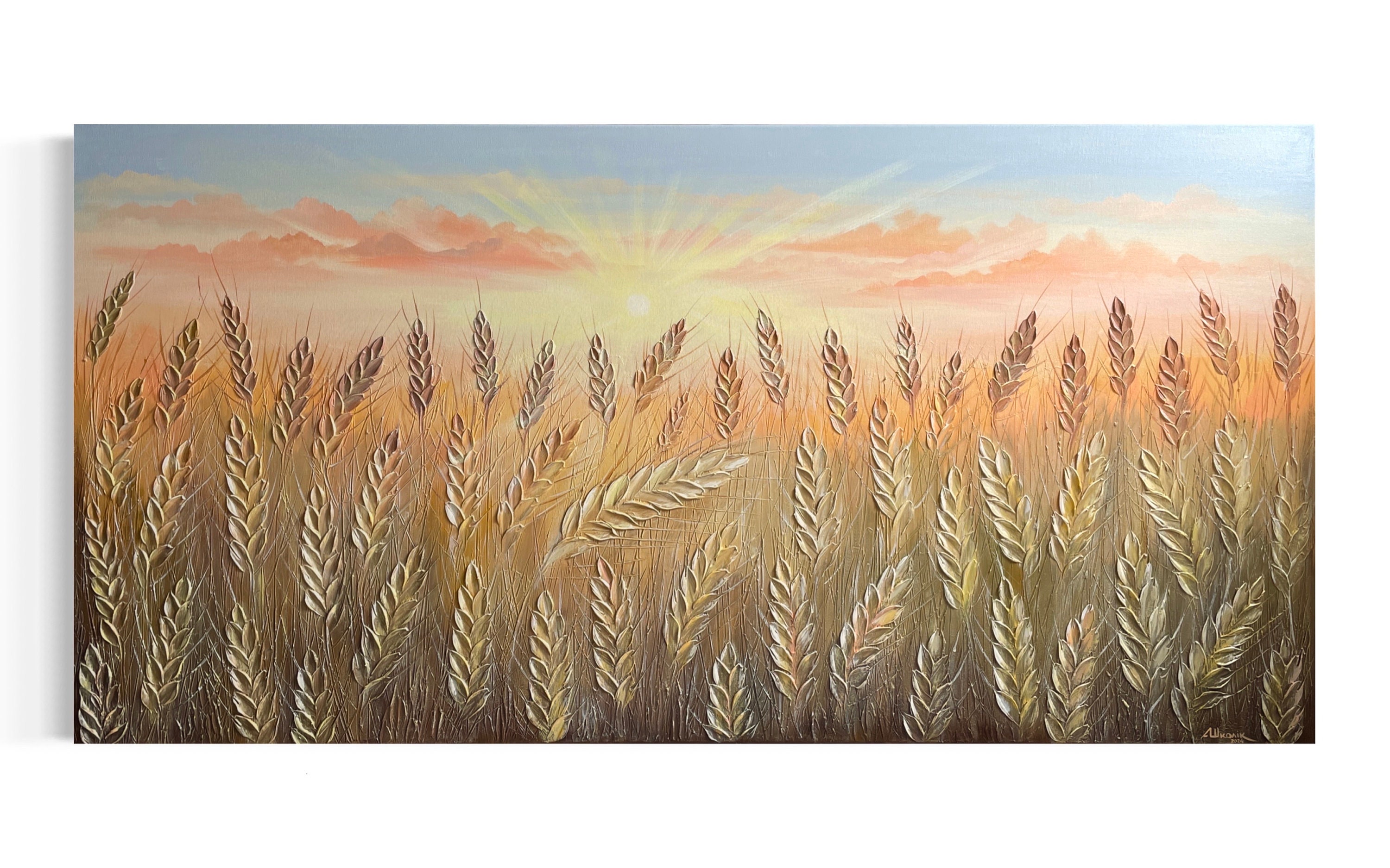 Original painting Wheat field sunset impasto 3d texture sculptural art